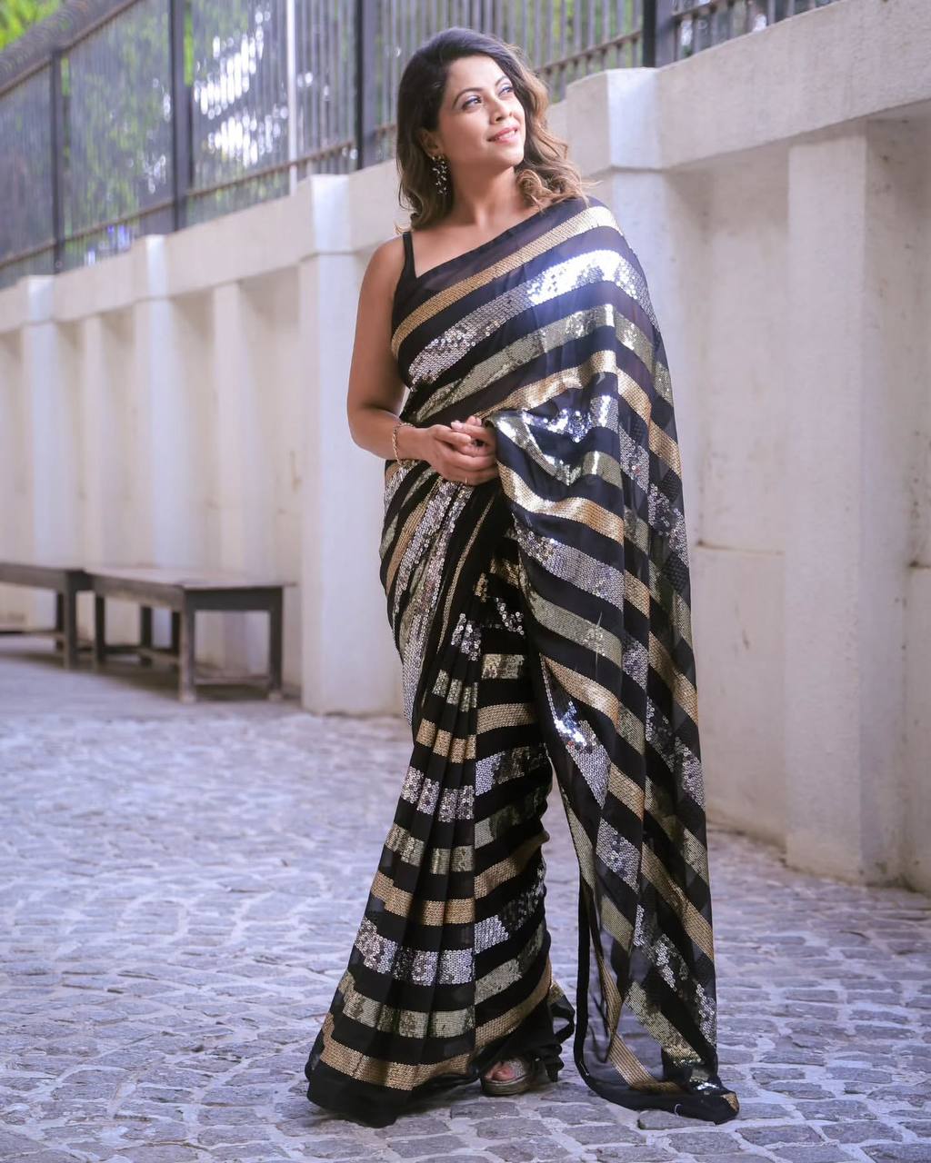 Designer Black Color Heavy Georgette And Sequence Embroidery Work Part Wear Saree