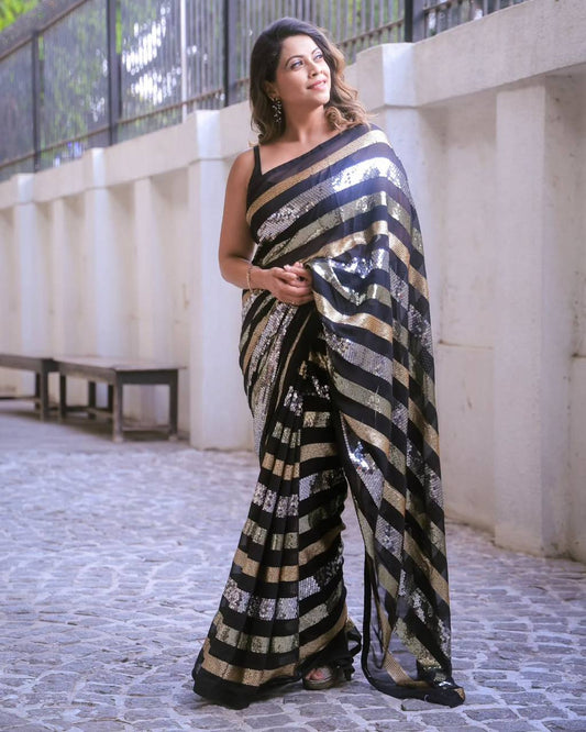 Designer Black Color Heavy Georgette And Sequence Embroidery Work Part Wear Saree