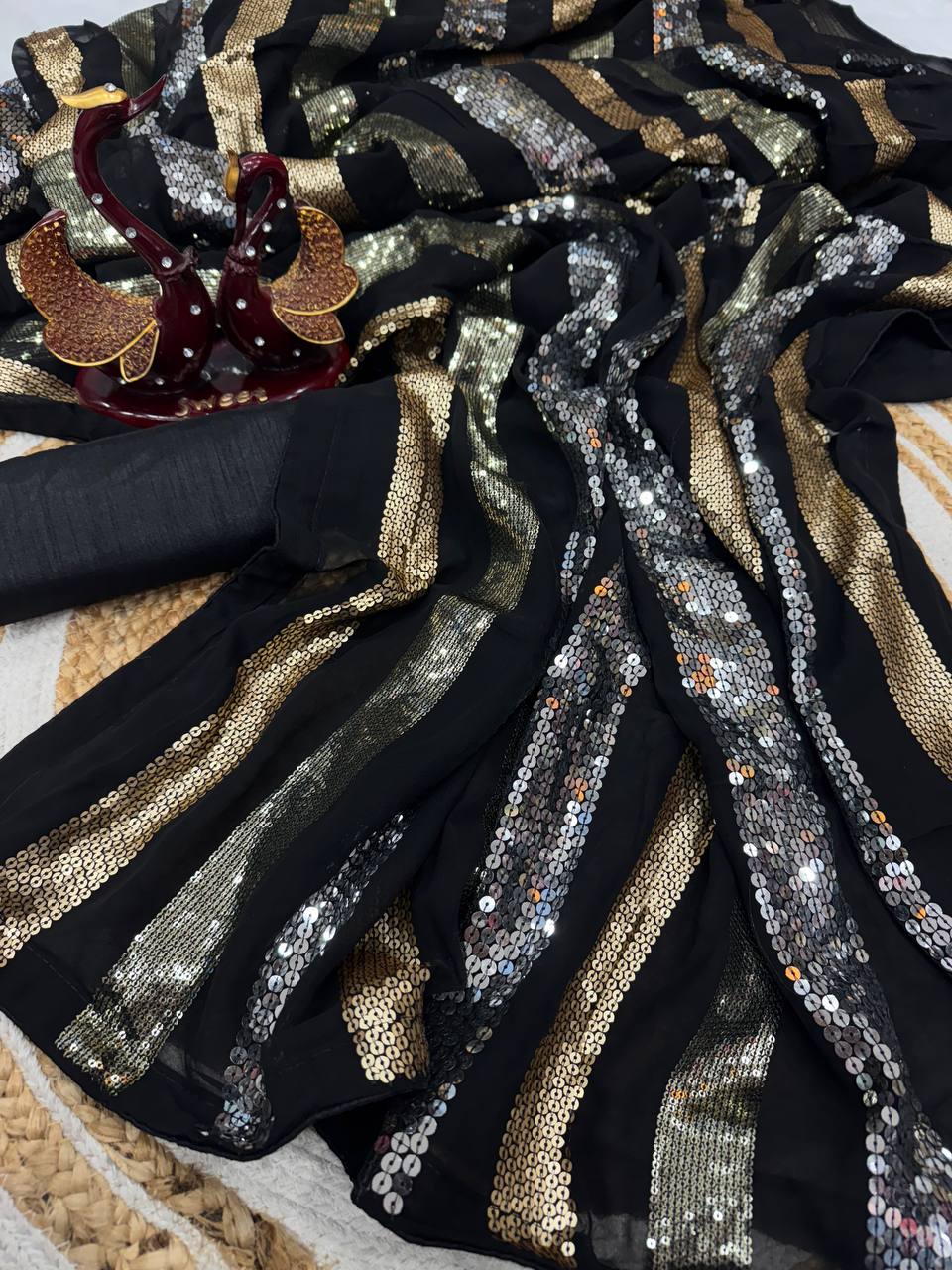 Designer Black Color Heavy Georgette And Sequence Embroidery Work Part Wear Saree