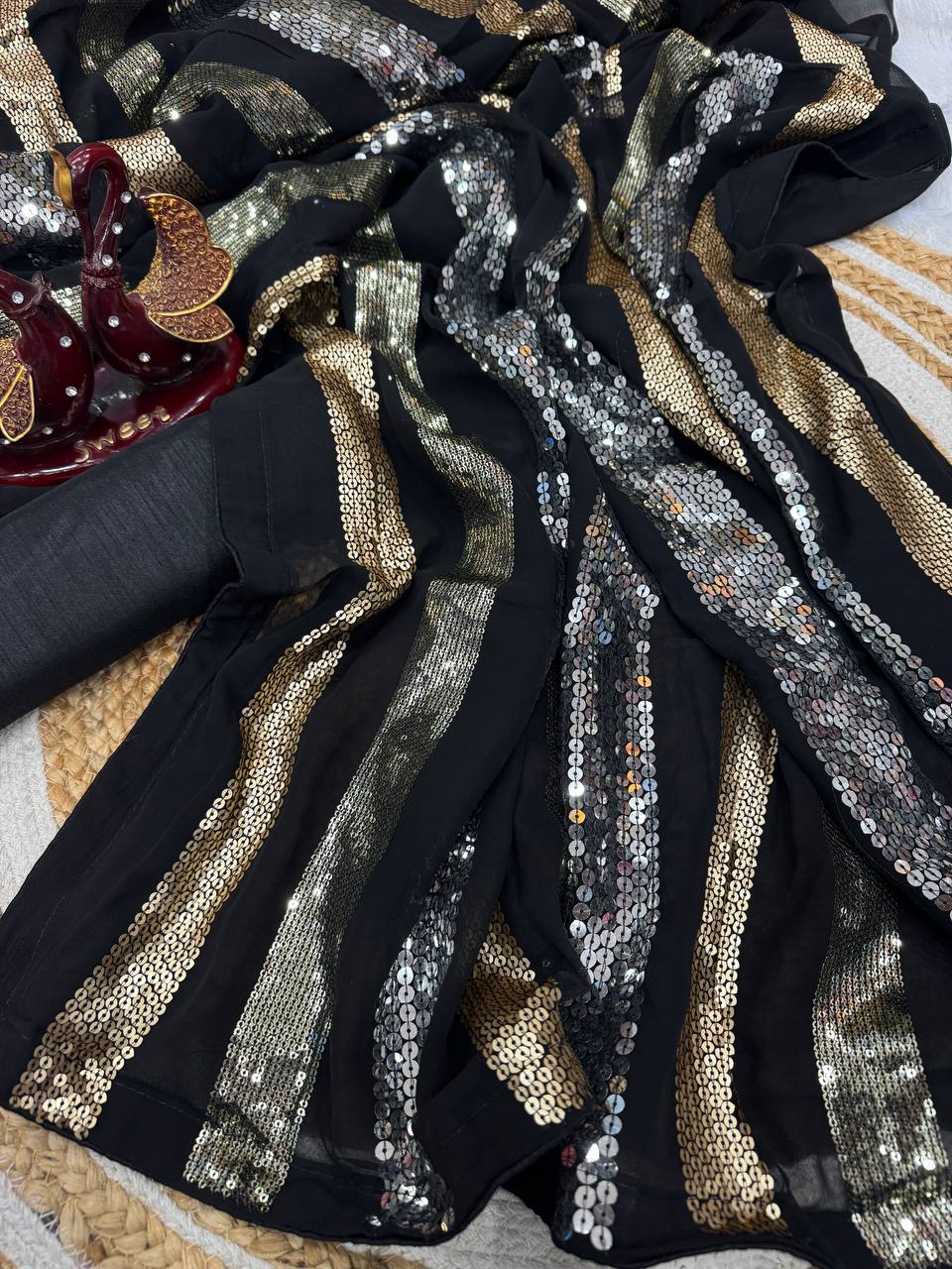 Designer Black Color Heavy Georgette And Sequence Embroidery Work Part Wear Saree