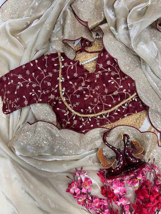 Party Wear Grey Color Soft Jimmy Chu Sequins With Zari Embroidery Work Designer Saree With Maroon Blouse
