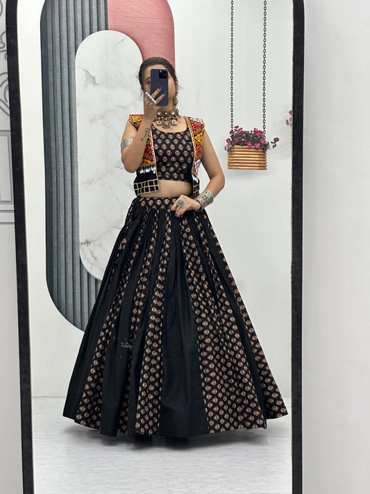 Navratri Special Black Color Cotton Lehenga Choli with Jacket | 6 Meter Flair | Festive Garba Outfit