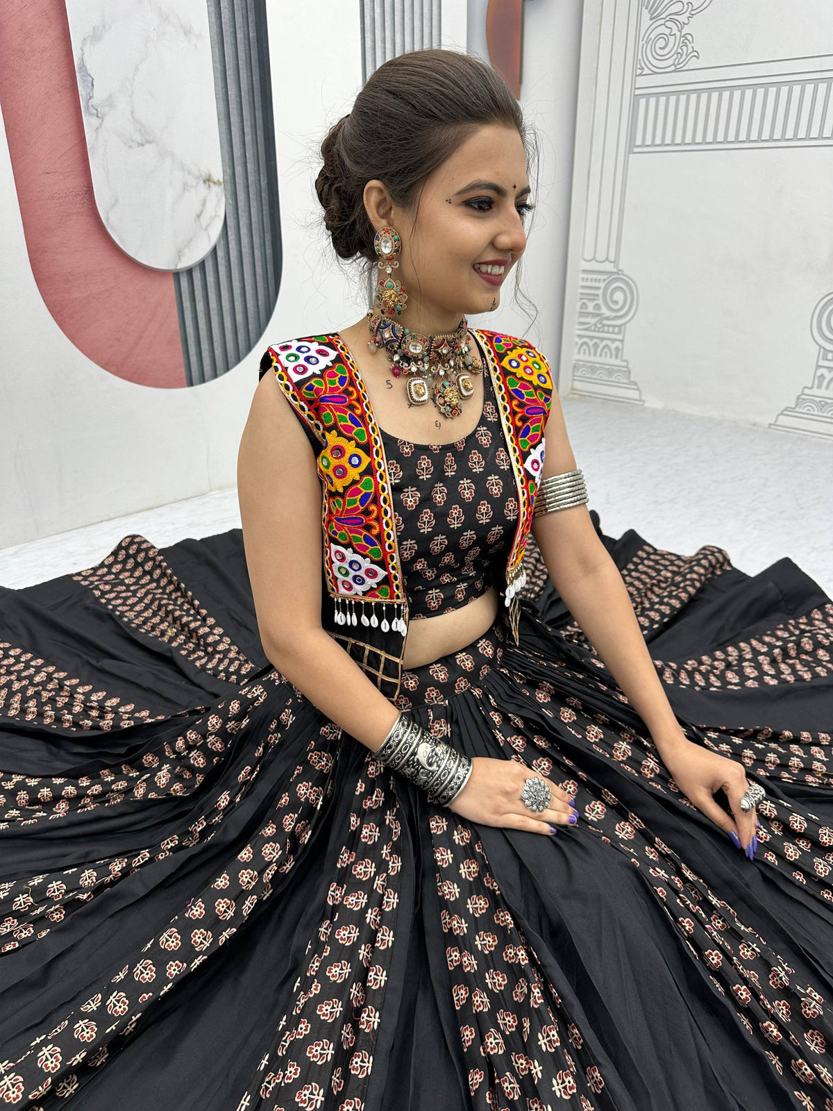 Navratri Special Black Color Cotton Lehenga Choli with Jacket | 6 Meter Flair | Festive Garba Outfit