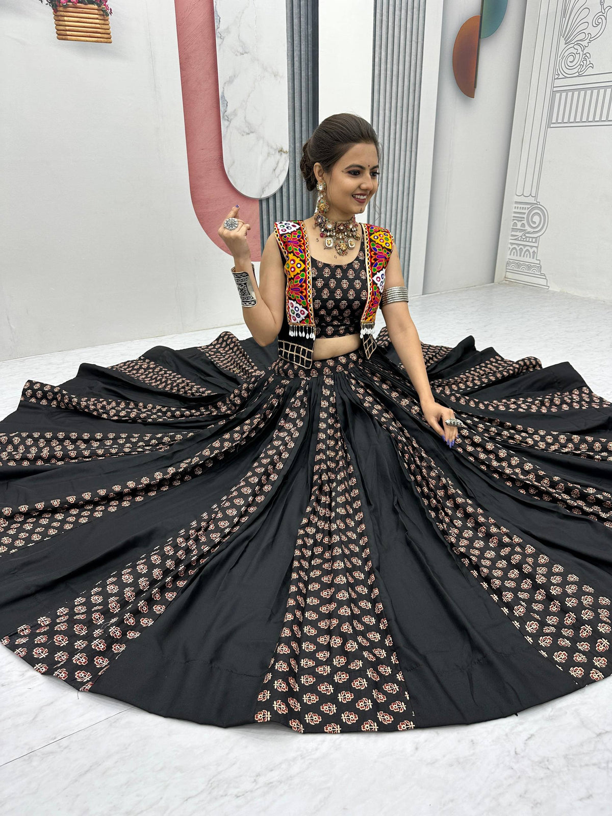 Navratri Special Black Color Cotton Lehenga Choli with Jacket | 6 Meter Flair | Festive Garba Outfit