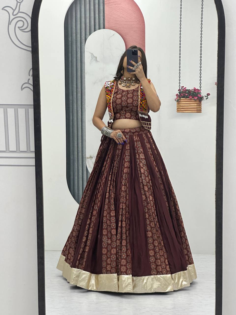 Navratri Special Brown Color Cotton Lehenga Choli with Jacket | 6 Meter Flair | Festive Garba Outfit