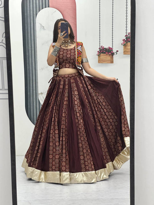Navratri Special Brown Color Cotton Lehenga Choli with Jacket | 6 Meter Flair | Festive Garba Outfit