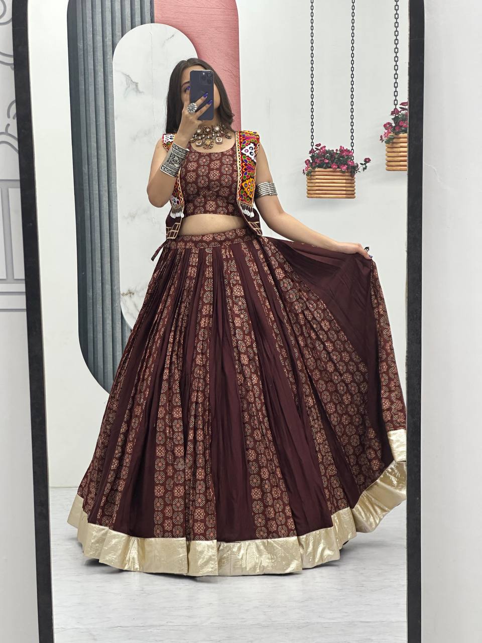 Navratri Special Brown Color Cotton Lehenga Choli with Jacket | 6 Meter Flair | Festive Garba Outfit