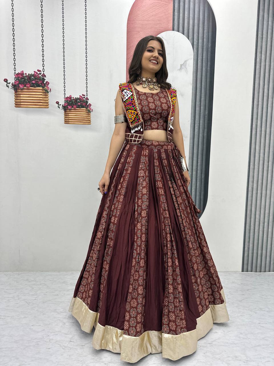 Navratri Special Brown Color Cotton Lehenga Choli with Jacket | 6 Meter Flair | Festive Garba Outfit