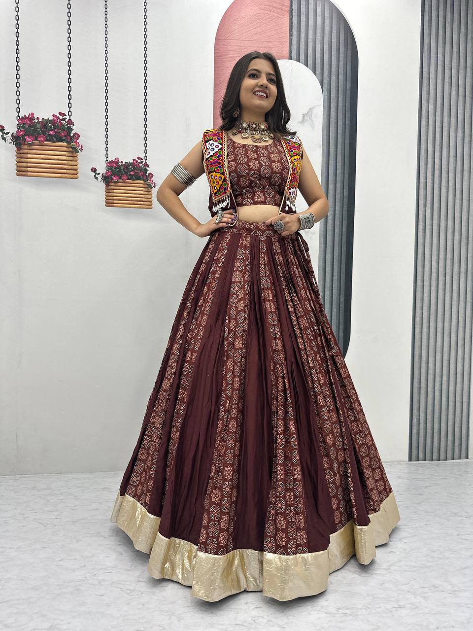Navratri Special Brown Color Cotton Lehenga Choli with Jacket | 6 Meter Flair | Festive Garba Outfit