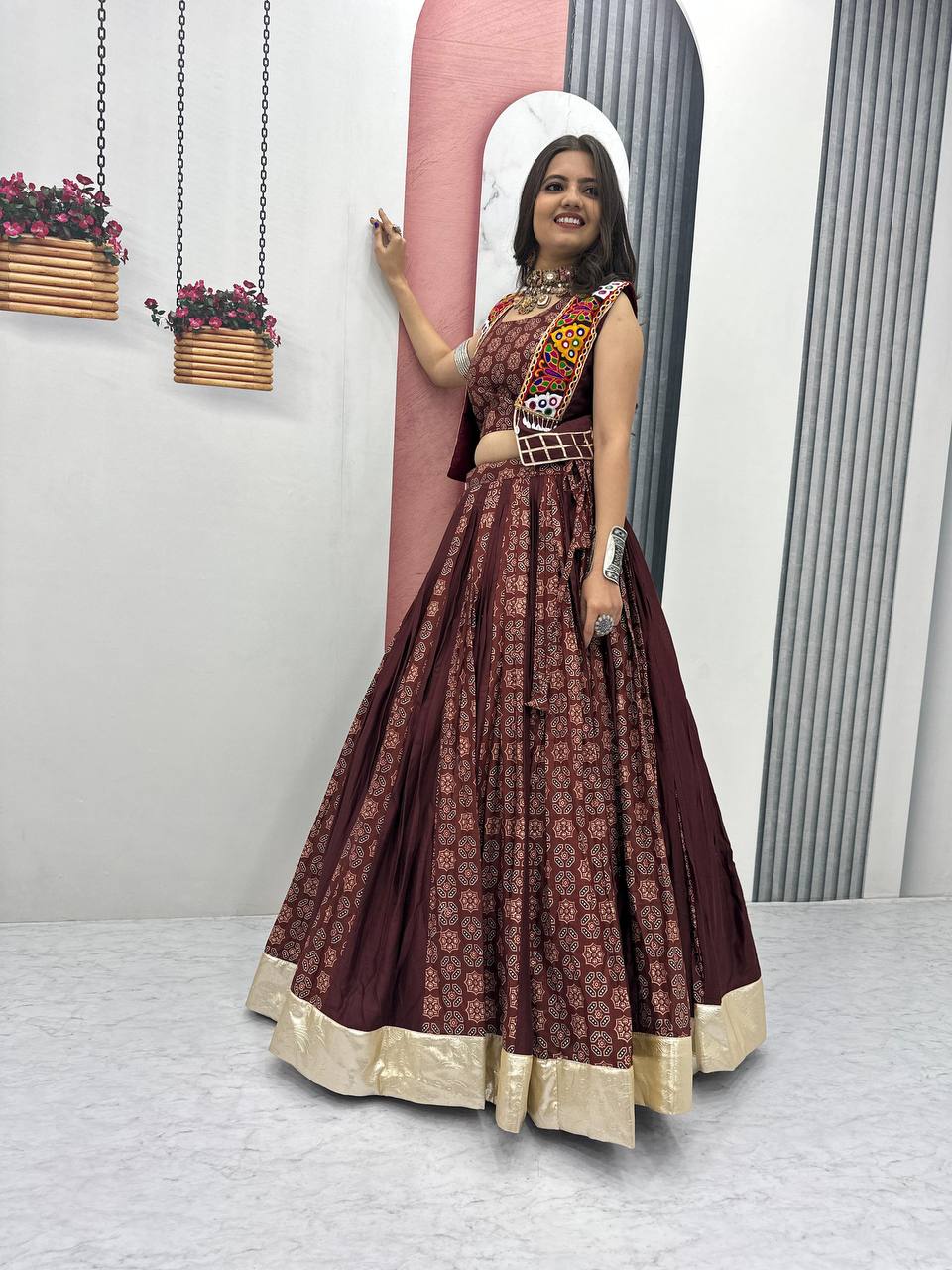 Navratri Special Brown Color Cotton Lehenga Choli with Jacket | 6 Meter Flair | Festive Garba Outfit