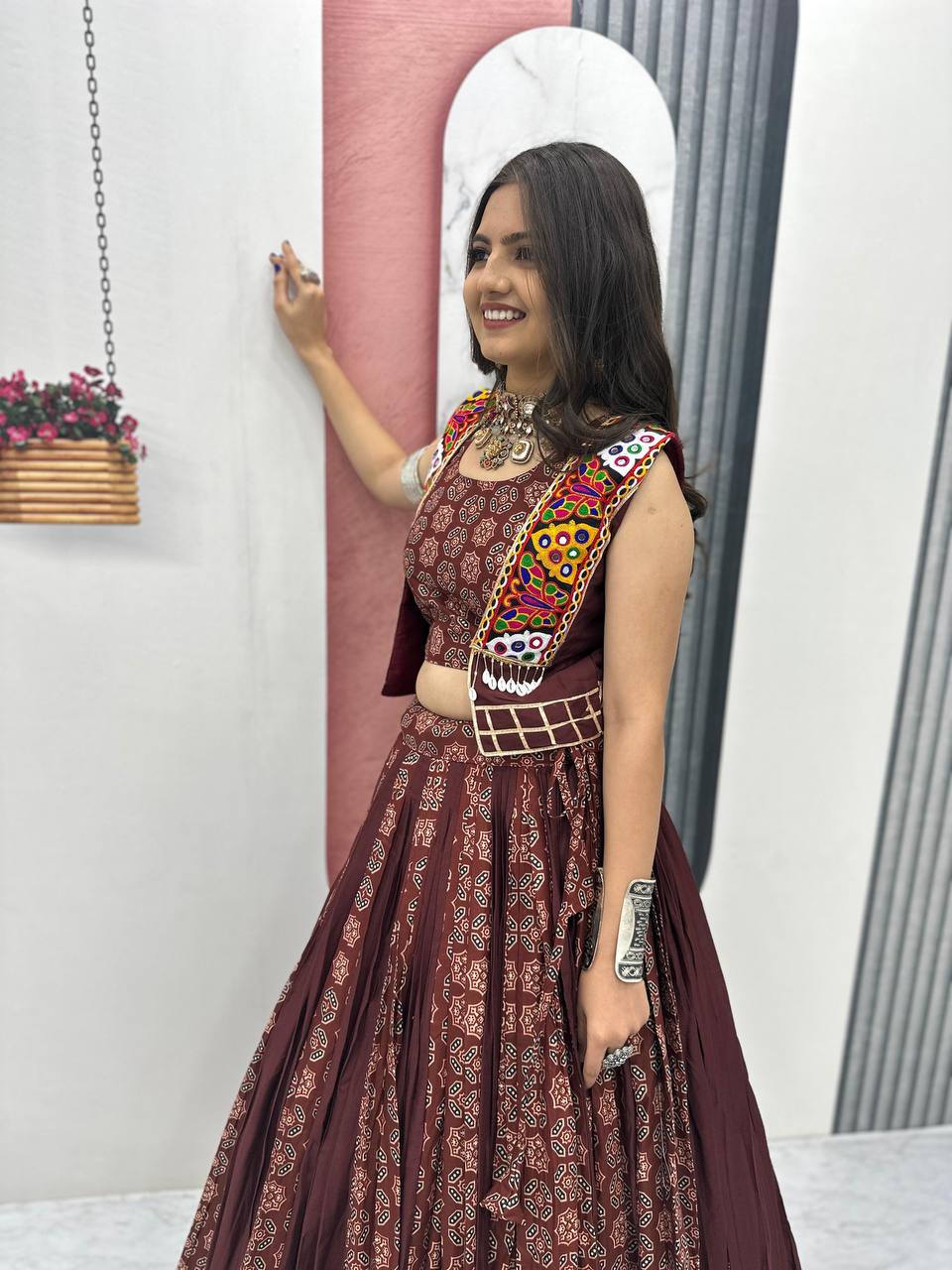 Navratri Special Brown Color Cotton Lehenga Choli with Jacket | 6 Meter Flair | Festive Garba Outfit