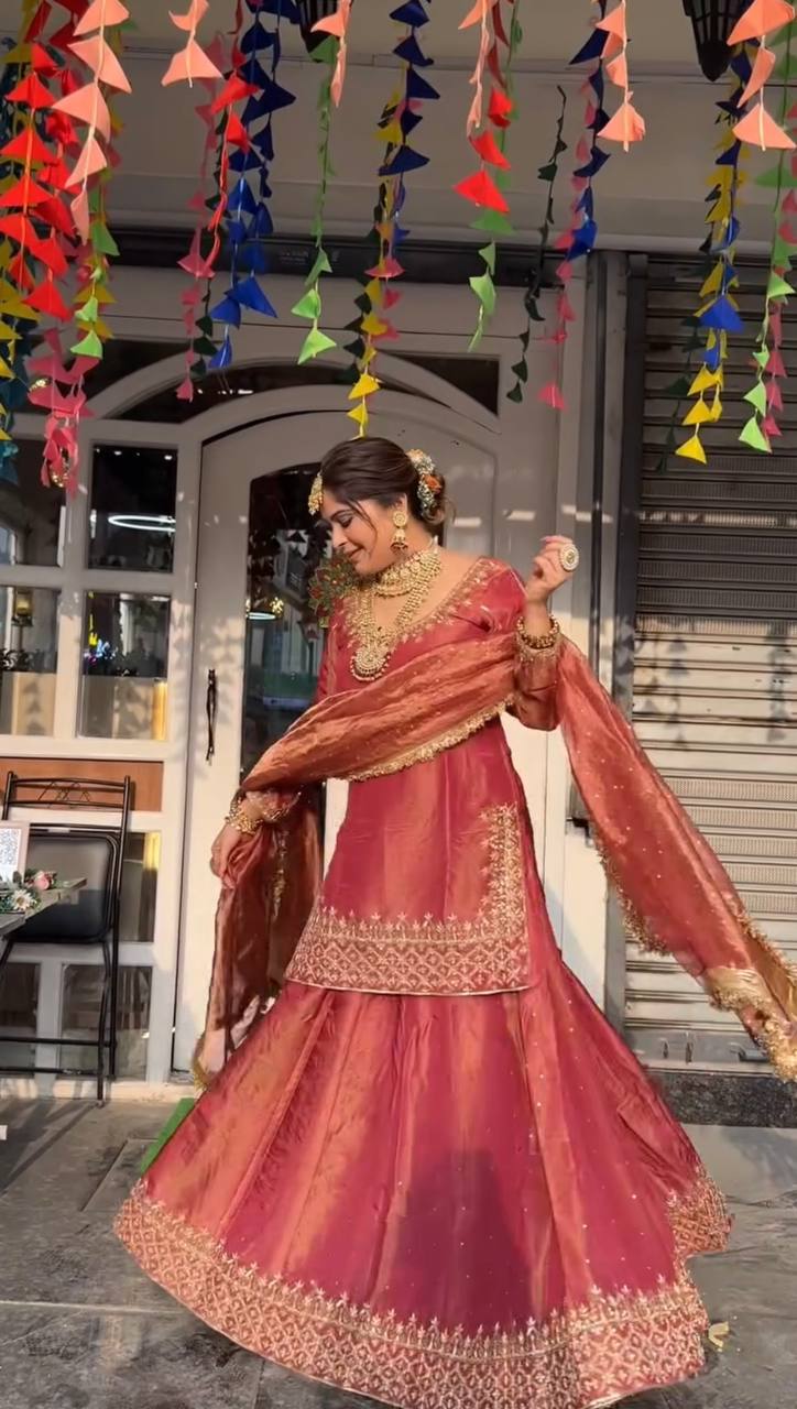 Gorgeous Orange Color Embroidered Top WIth Designer Lehenga