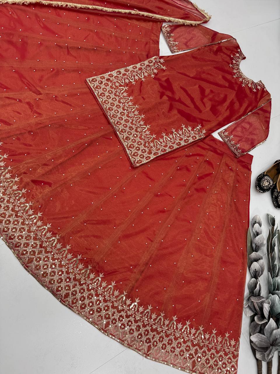 Gorgeous Orange Color Embroidered Top WIth Designer Lehenga