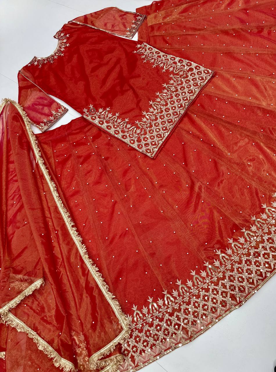 Gorgeous Orange Color Embroidered Top WIth Designer Lehenga