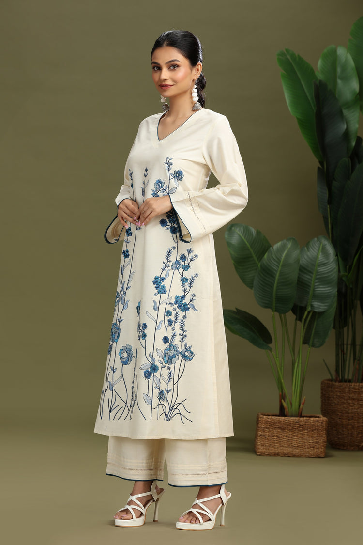 Cotton Floral Embroidered A-Line Kurta and Pant Set