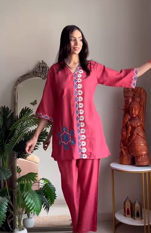 Pure Cotton V-Neck Tunic and Panelled Palazzo Co-ord Set