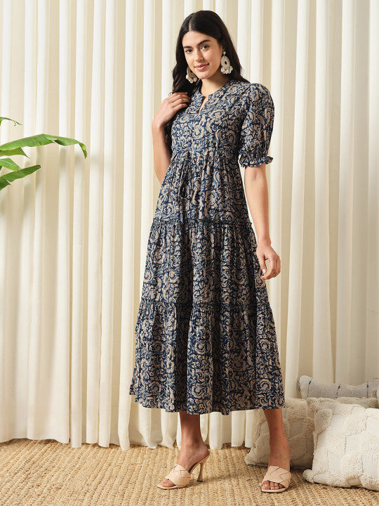 Navy Blue Ethnic Printed Tiered Fit and Flare Midi Dress