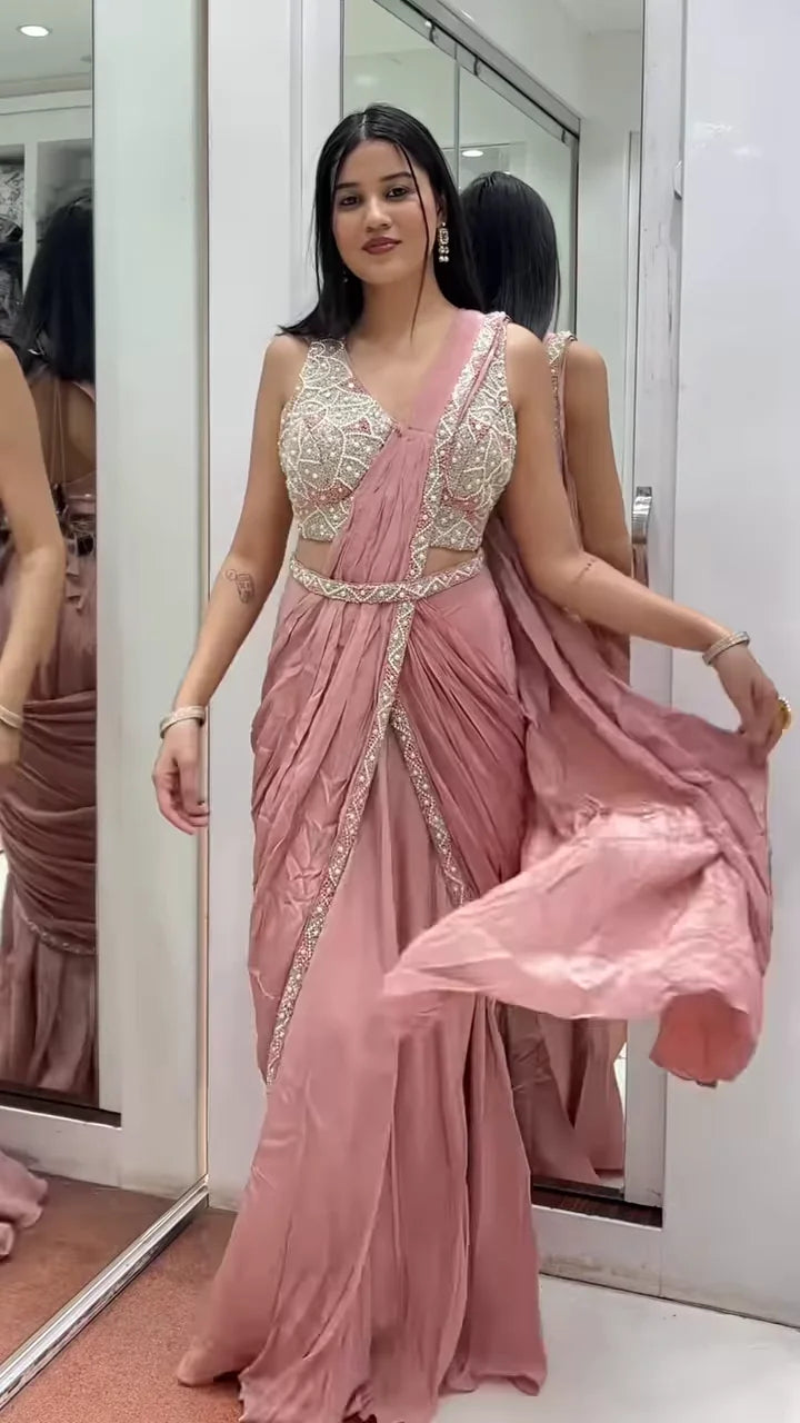 Rose Pink Embellished Crop Top with Draped Skirt
