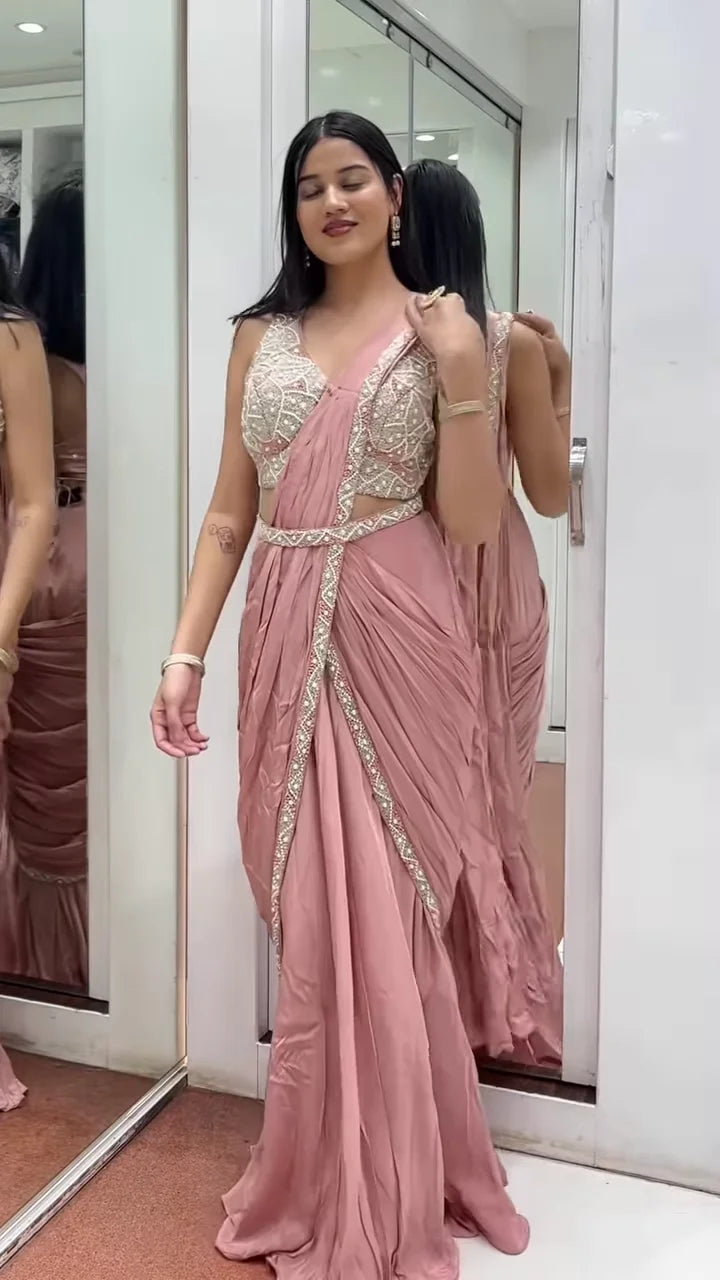 Rose Pink Embellished Crop Top with Draped Skirt