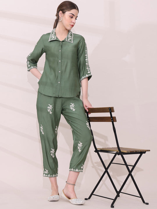Green Floral Embroidered Shirt with Trousers Co-ord Set