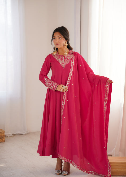 Rani Pink Embroidered Anarkali Suit with Dupatta