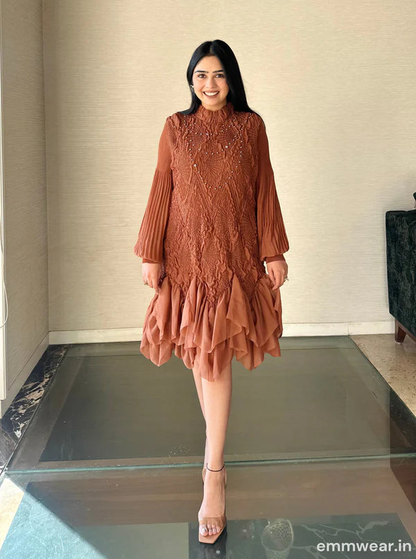 Rust Brown Ruffle Short Dress