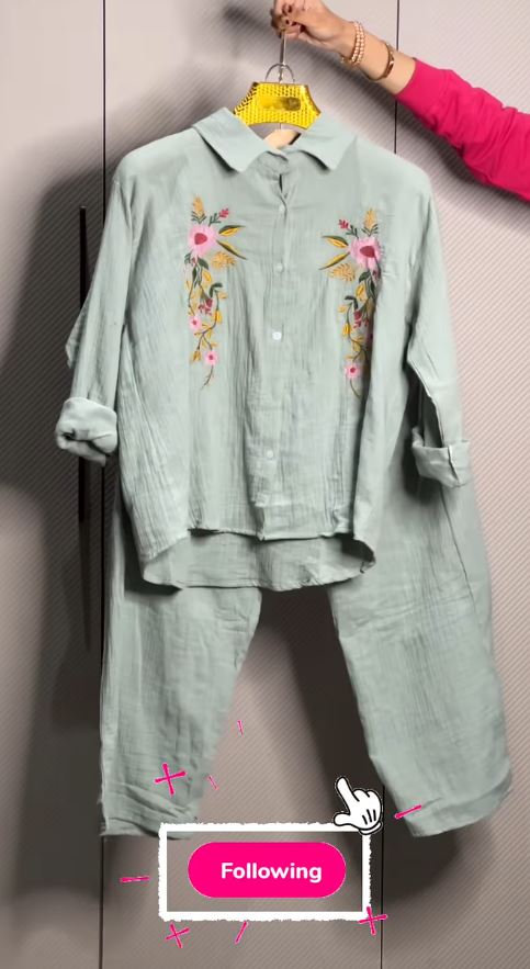 Women’s Floral Embroidered Pure Mal Cotton Shirt and Trouser Co-ord Set