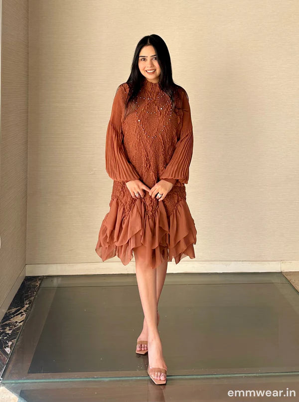 Rust Brown Ruffle Short Dress