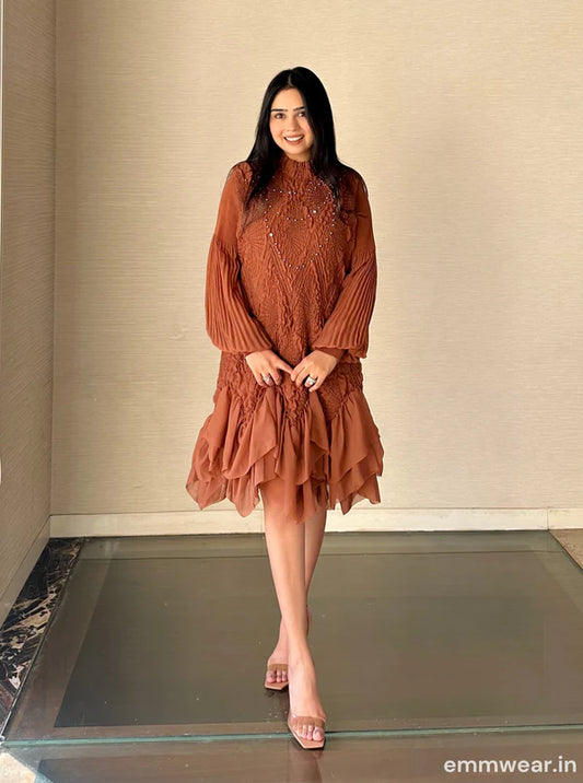 Rust Brown Ruffle Short Dress