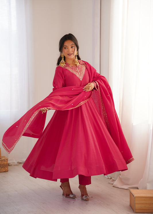 Rani Pink Embroidered Anarkali Suit with Dupatta