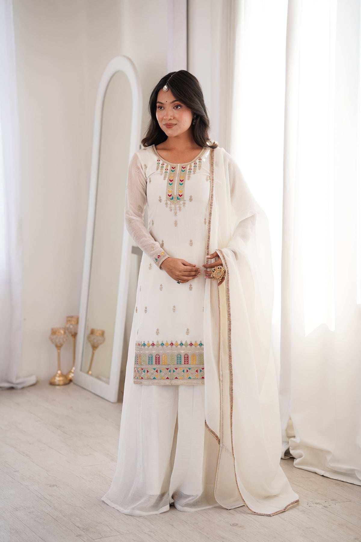 Pure White Crunchy Silk Heavily Embroidered Sharara Suit Set
