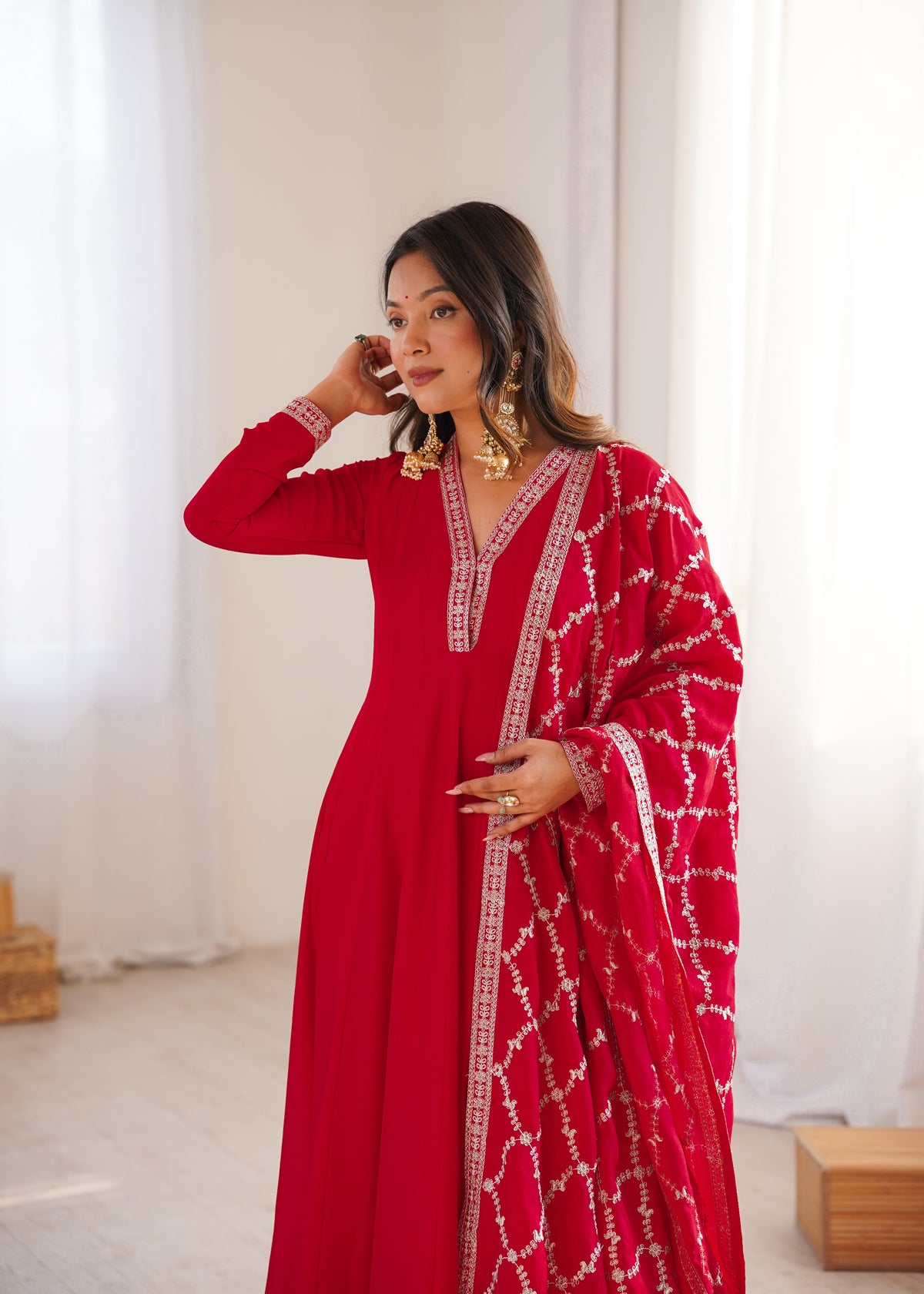 Red Anarkali Suit with Embroidered Border and Printed Dupatta
