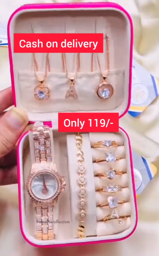 Rose Gold Jewelry Gift Set with Watch, Rings & Pendants