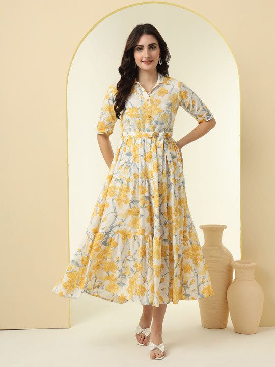 Yellow Floral Print Tiered Fit and Flare Midi Dress