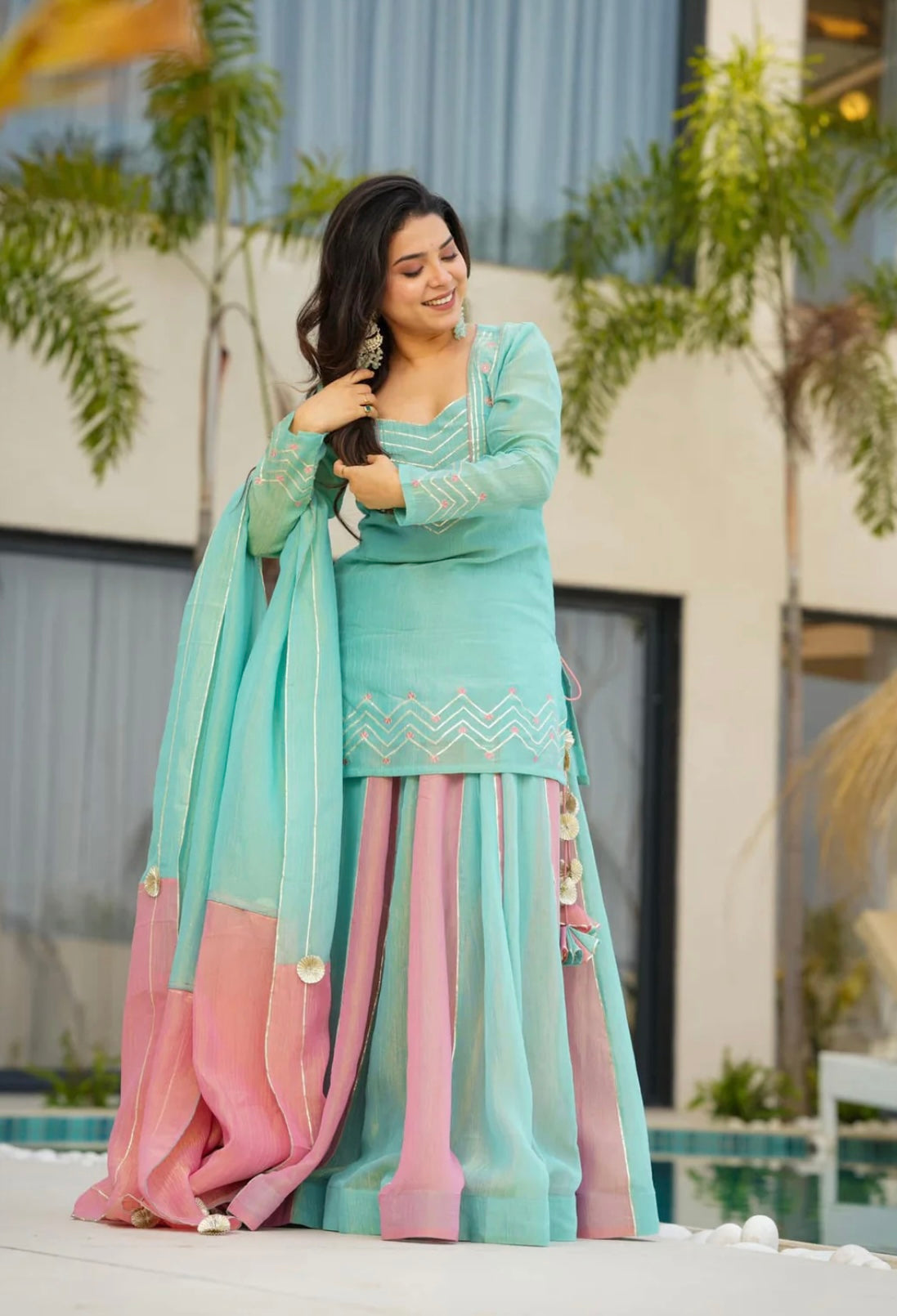 Neha's Multi Color Silk Embroidery Work Top With Lehenga