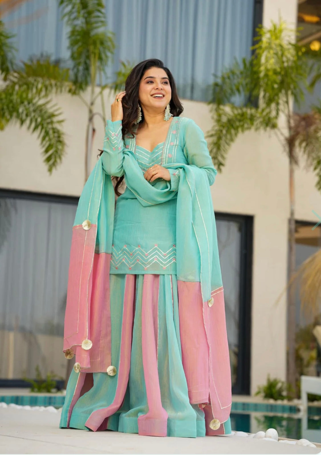 Neha's Multi Color Silk Embroidery Work Top With Lehenga