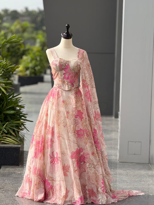 Peach Color Premium Organza Designer Corset Lehenga Choli For Women