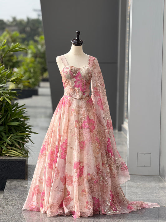 Peach Color Premium Organza Designer Corset Lehenga Choli For Women
