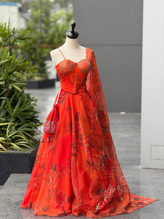 Orange Color Premium Organza Designer Corset Lehenga Choli For Women