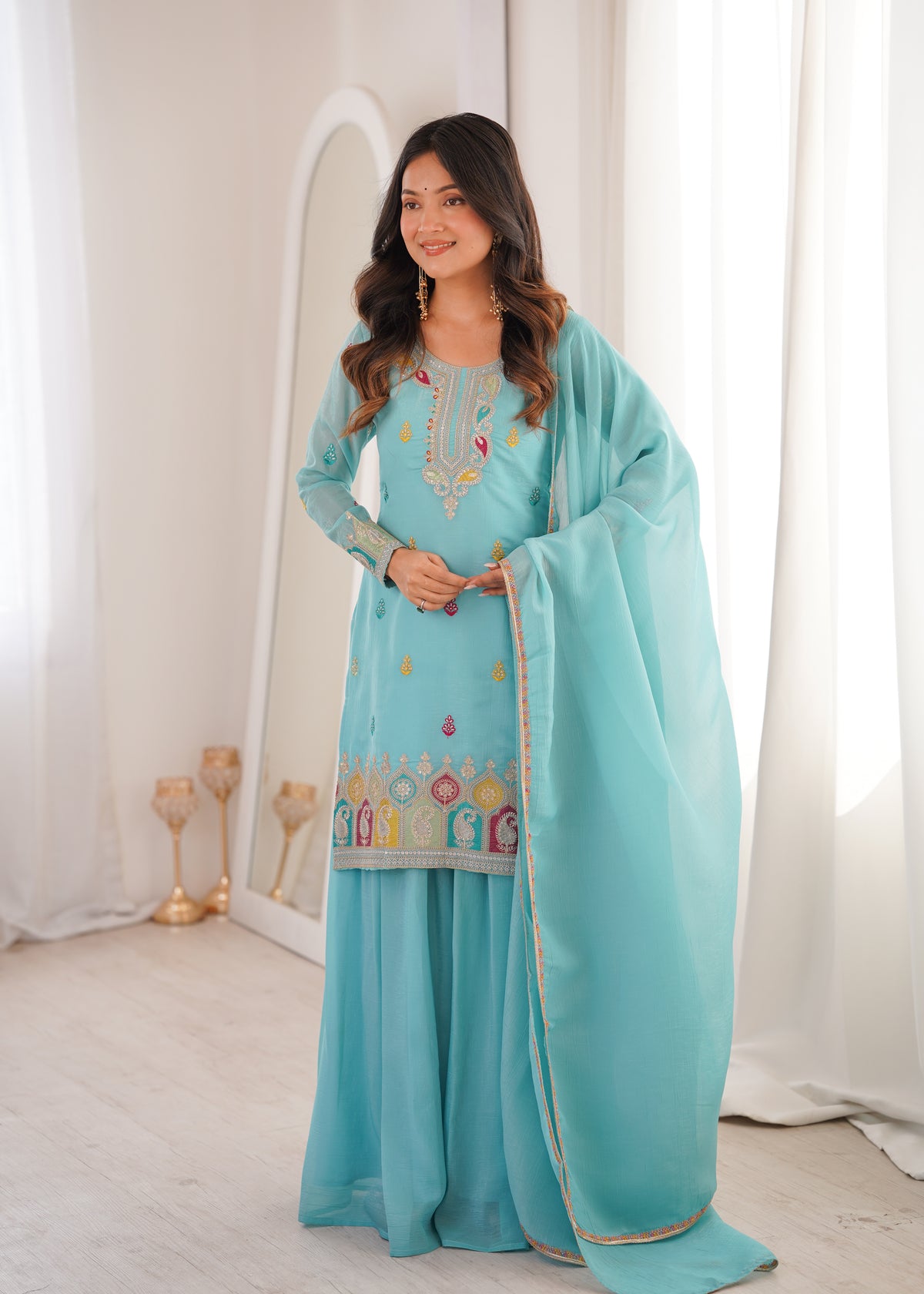 Turquoise Embroidered Kurta Set with Palazzo and Dupatta
