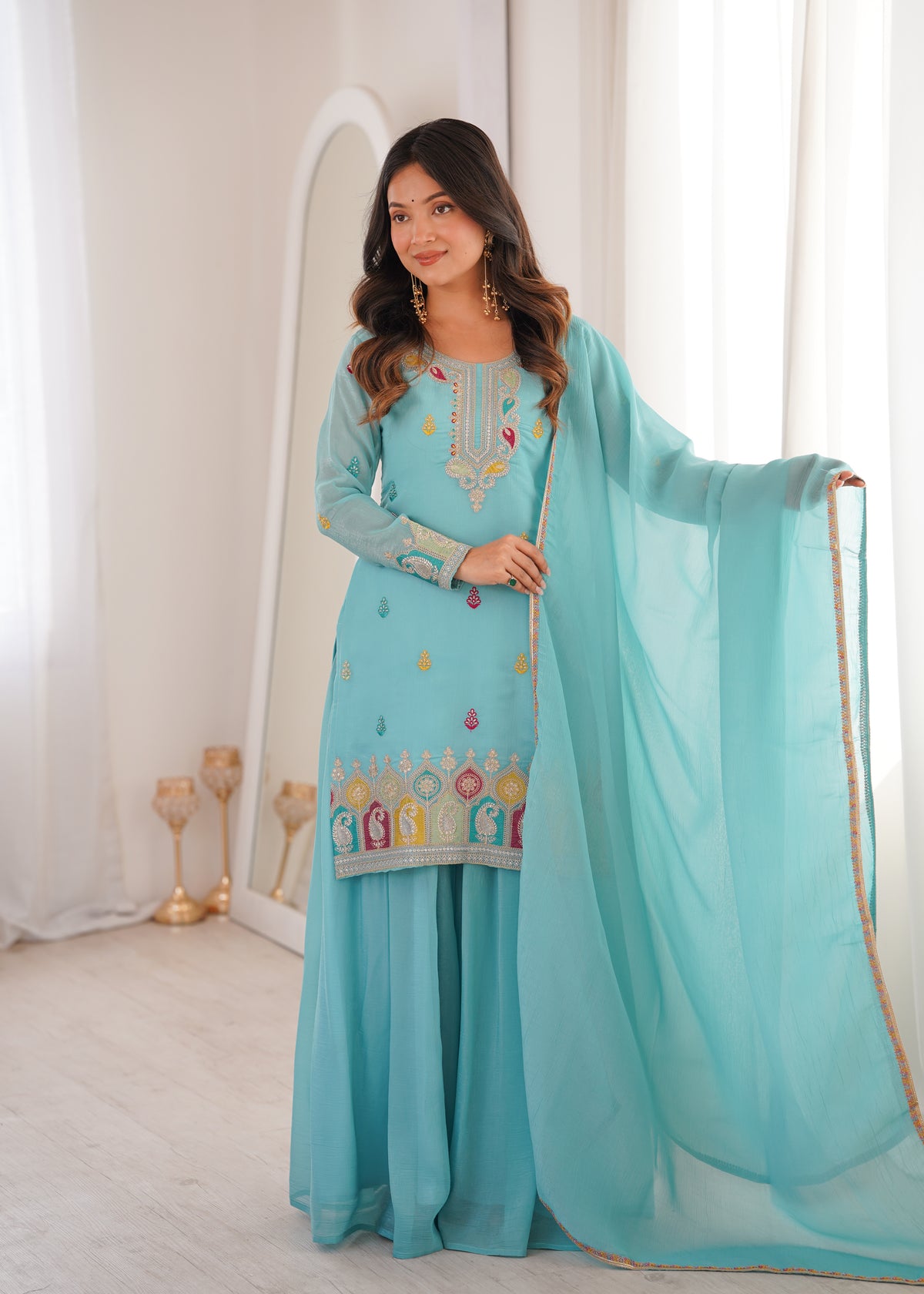 Turquoise Embroidered Kurta Set with Palazzo and Dupatta