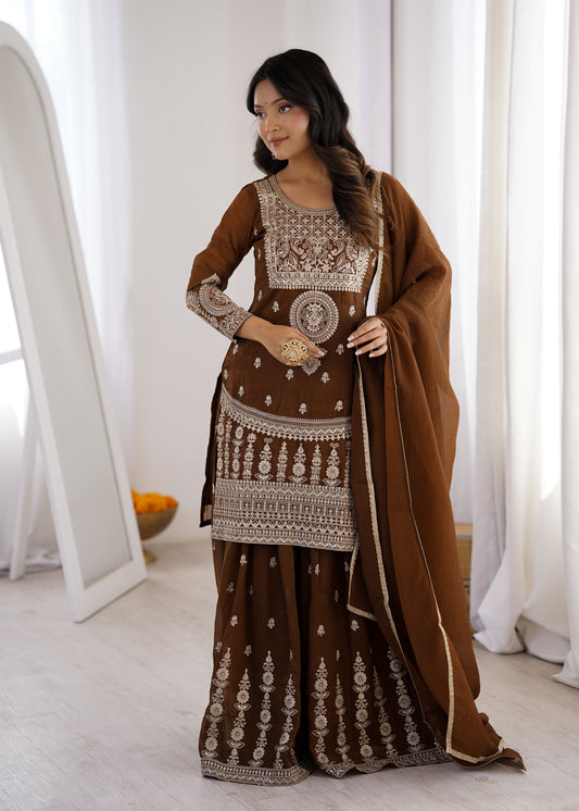 Delicate Brown Embroidered Crunchy Silk Sharara Suit