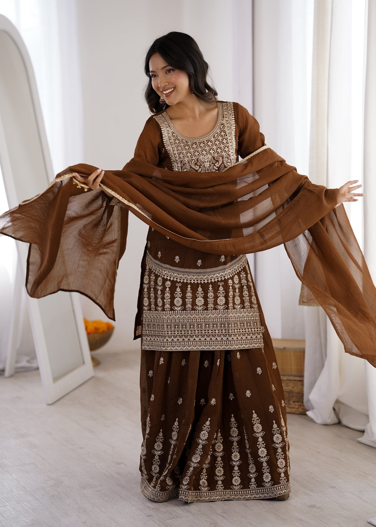 Delicate Brown Embroidered Crunchy Silk Sharara Suit