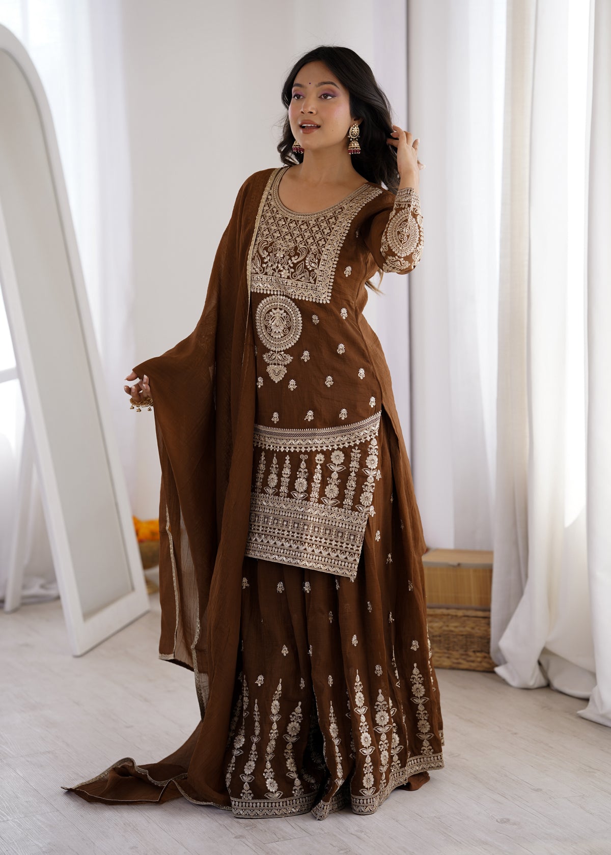 Delicate Brown Embroidered Crunchy Silk Sharara Suit