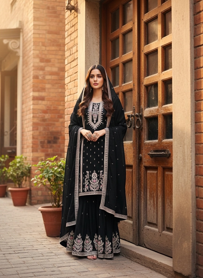 Black Embroidered Kurta Sharara Set with Elegant Dupatta