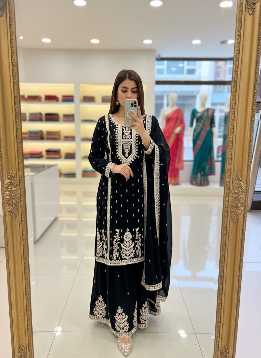 Black Embroidered Kurta Sharara Set with Elegant Dupatta
