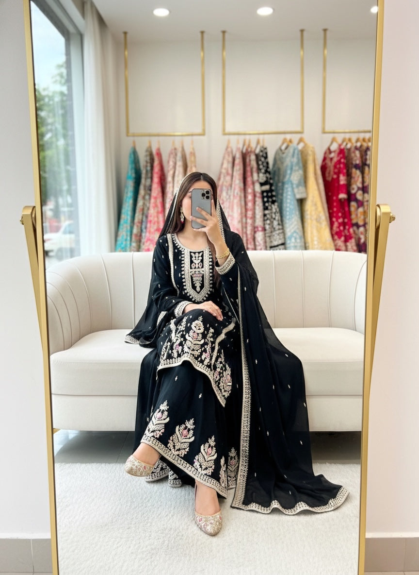 Black Embroidered Kurta Sharara Set with Elegant Dupatta