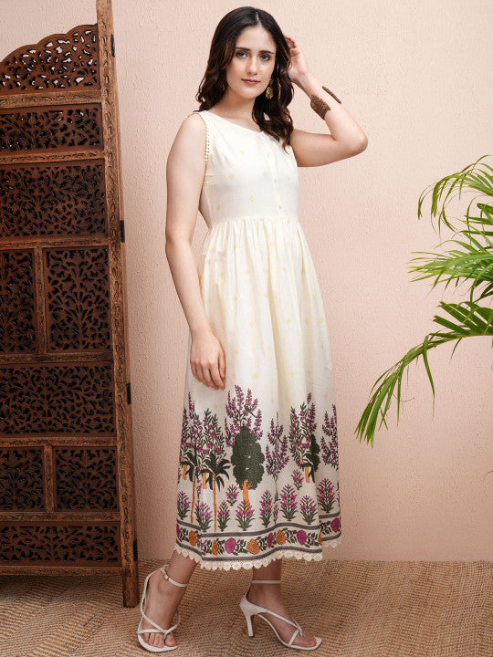 Cream Floral Print Fit and Flare Midi Dress