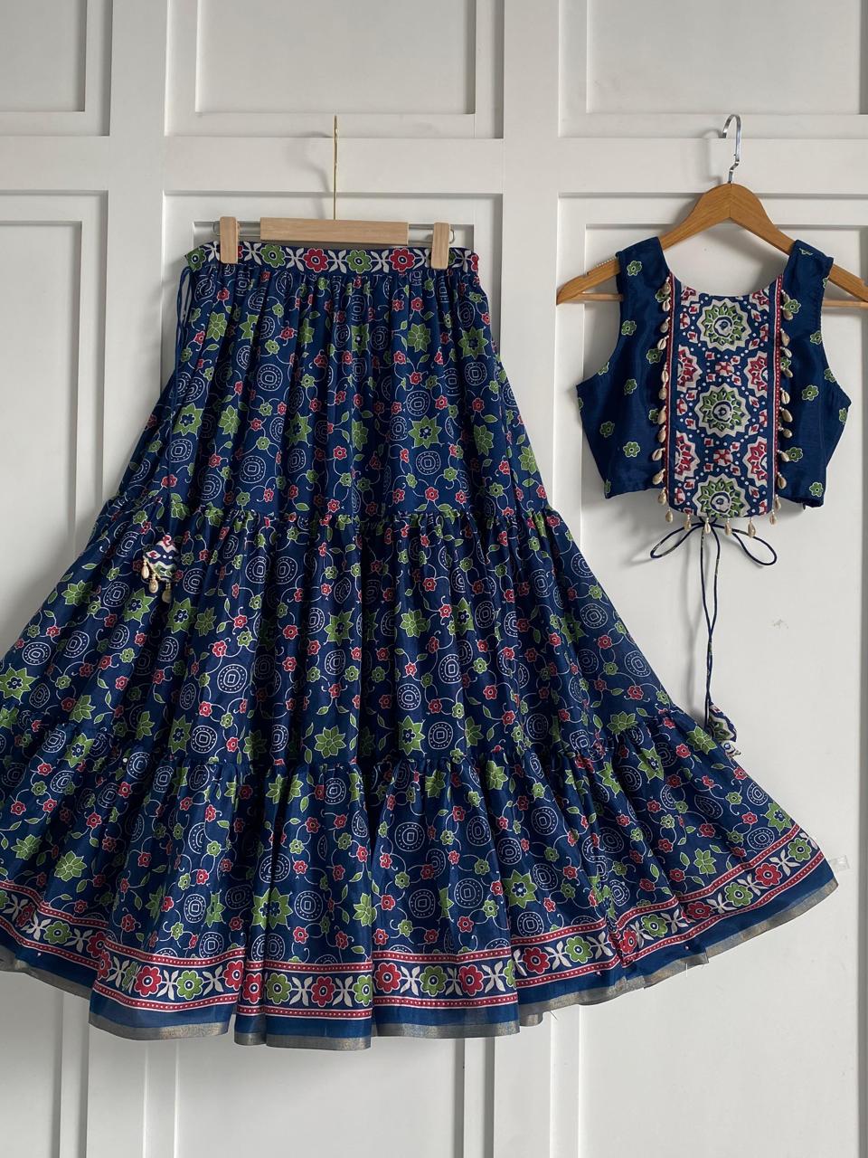 Designer Blue Color Pure Cotton Navratri Wear Lehenga Choli