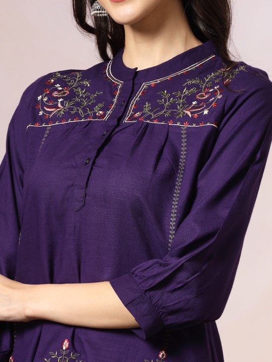 Purple Embroidered Mandarin Collar Tunic and Trouser Co-ord Set